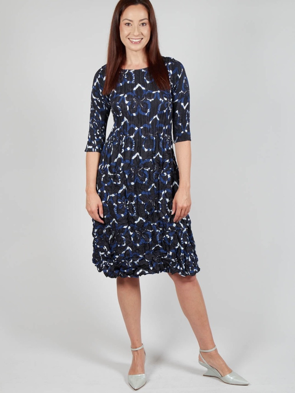 Alquema Smash‎ Pocket Textured Navy Blue Floral Midi Dress in Aquarius Medium